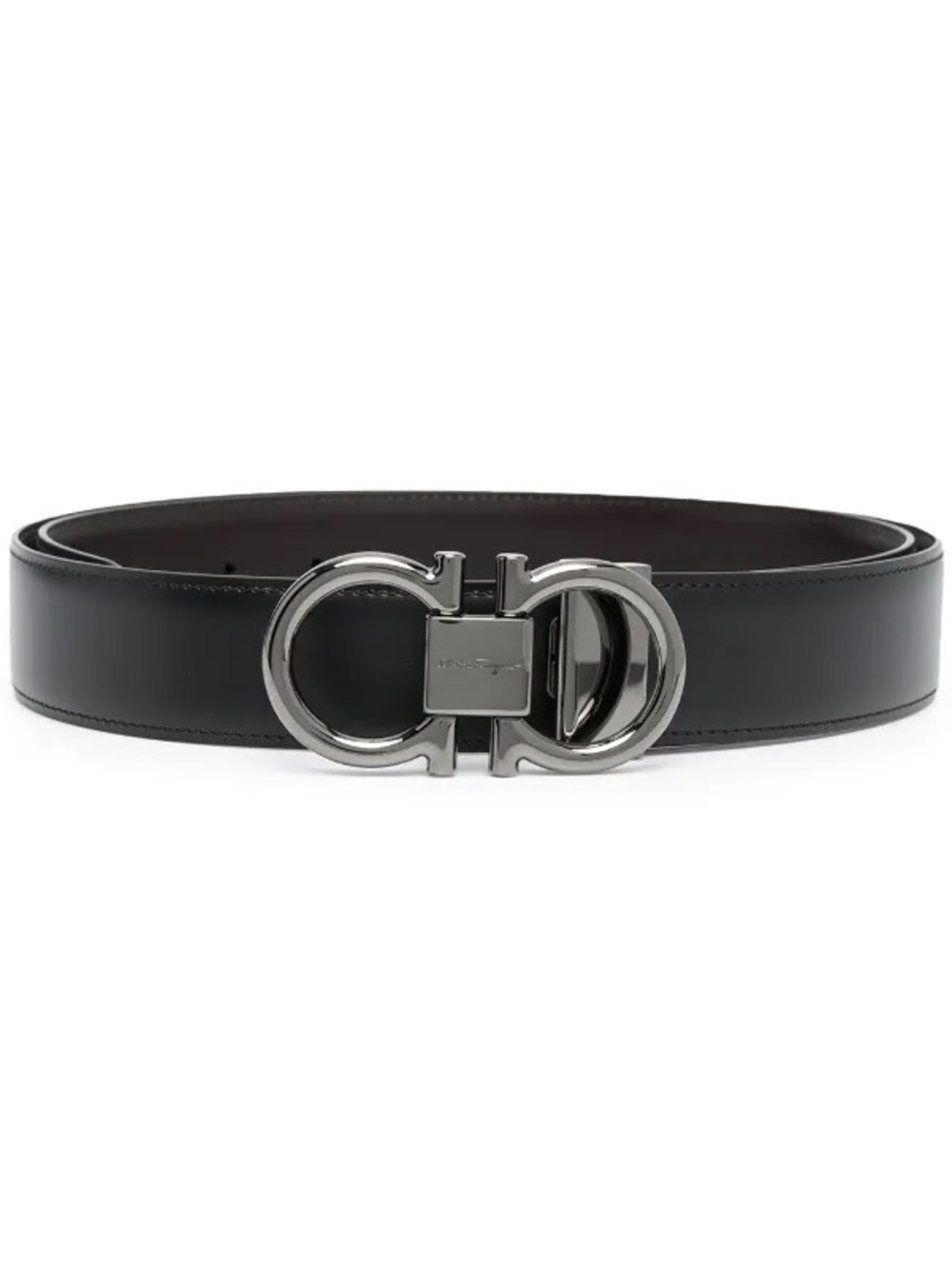 Ferragamo Black/Blue Leather Reversible Belt w/ Silver Double-Gancini Buckle